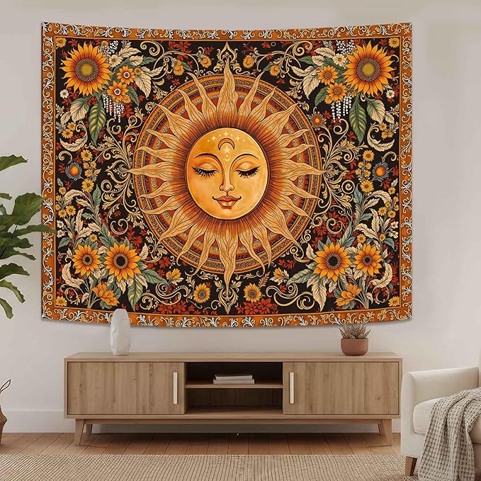 Spenlife Celestial Sun Tapestry, Boho Floral Tapestries for Bedroom, Aesthetic Wall Decor, Sunflower Tapestries (90" x 70")