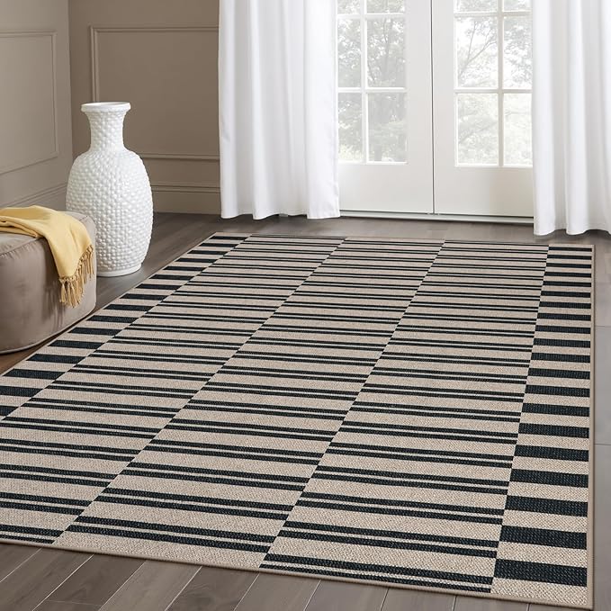 Lahome Elance Striped Easy Jute Rug, 5x7 Outdoor Patio Rug Neutral Dining Room Rug Indoor Outdoor Carpet, Farmhouse Washable Non Slip Black Carpet for Backyard Living Room Office Deck