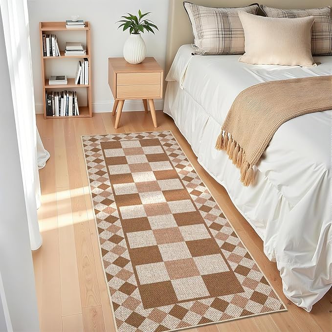 GarveeHome Checkered Jute Runner Rug 2x6 Kitchen Runner Rugs Indoor Outdoor Entryway Rug Non-Slip Washable Jute Rugs for Hallway Non Shedding Neutral Carpet for Bedside Entry Front Door Porch, Brown