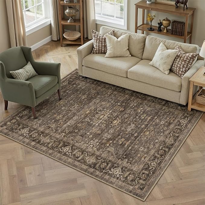 6x9 Washable Area Rug for Living Room Bedroom Vintage Brown Carpet Soft Low Pile Traditional Retro Non Slip Throw Rug for Dining Room Entryway Indoor Dorm Kitchen