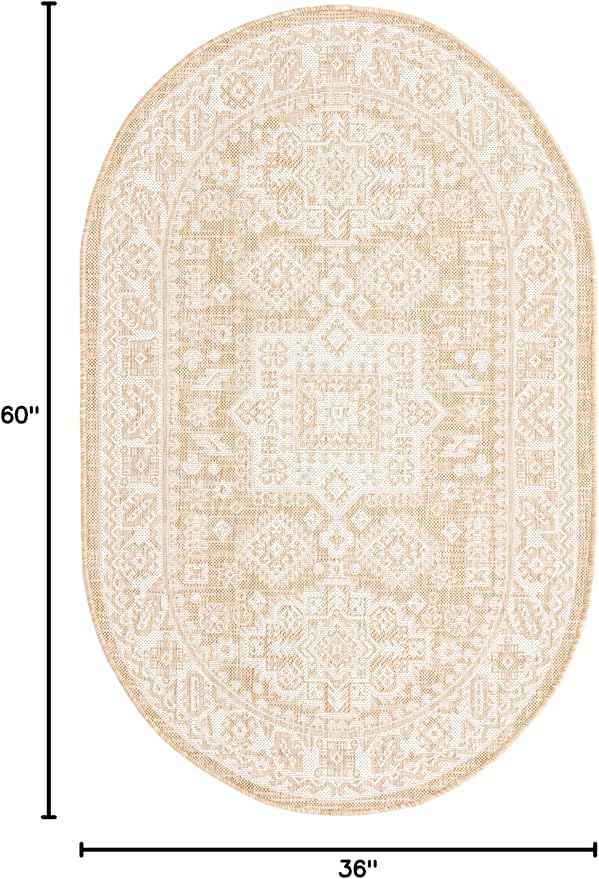Rugs.com Outdoor Aztec Collection Rug – 3' x 5' Oval Natural Flatweave Rug Perfect for Living Rooms, Large Dining Rooms, Open Floorplans