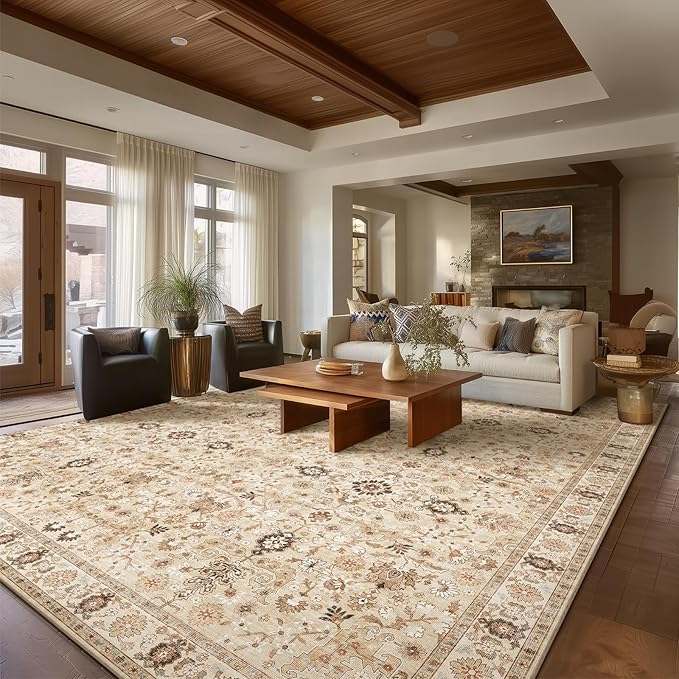 Washable Rugs for Living Room: 9x12 Area Rugs for Bedroom Ultral Soft Non-Slip Stain Resistant Vintage Boho Large Carpet for High-Traffic Dining Room - Farmhouse Decor