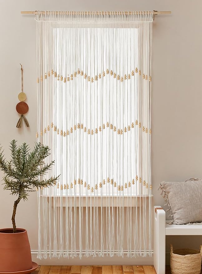 IOWER Macrame Curtain Beaded Doorway Panel White Boho Curtain for Bedroom Wedding Backdrop Room Divider Closet Apartment Living Room Kitchen Doors Home Decor 35''W x 70''L