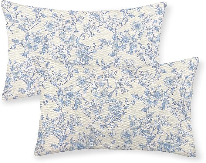 Baby Blue Pillow Covers 12x20 Inch Set of 2 Blue and Cream Floral Chinoiserie Throw Pillows Vintage Rustic Toile Flower Decorative Pillowcase Outdoor Lumbar Cushion Case for Couch Sofa Decor