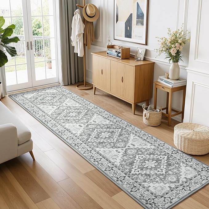 Lessymo Runner Rug for Hallway 2 x 8, Machine Washable Area Rugs Boho Faux Wool Low Pile Area Rug for Bedroom, Floral Medallion Vintage Rugs with Non-Slip Rubber, Grey Beige
