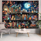 Accnicc Dragon Bookshelf Tapestry Witchy Mushroom Bookshelf Tapestries Wall Hanging Gothic Medieval Fantasy Moon Dark Academia Book Large Tapestry for Bedroom Living Room Dorm 80 x 60 inch