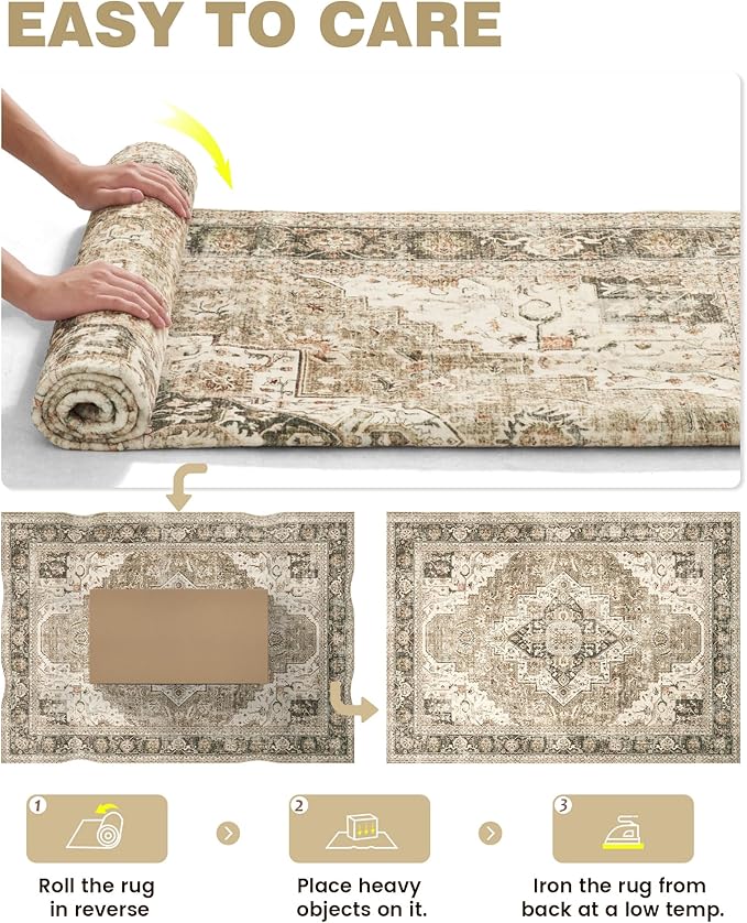 6x9 Area Rugs for Living Room, Washable Rug with Non-Slip Backing, Ultra-Thin Rugs for High-Traffic Areas, Super-Soft Floral Vintage Farmhouse Large Area Rug (Brown/Beige, 6'x9')