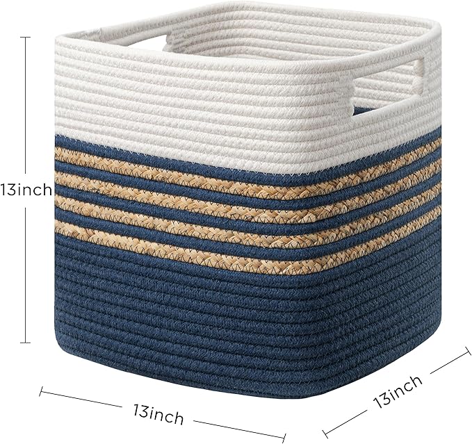 UBBCARE Set of 4 Storage Cubes 13 X 13 X 13 in, Water Hyacinth Storage Bins for Shelves, Toys, Book, Storage Baskets with Handles, Cotton Rope Woven Baskets for Organizing, Navy Blue