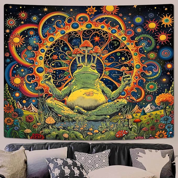 ARTCREATOR Funny Vintage Frog Mushroom Tapestry, Galaxy Space Planet Home Decor Hippie Wall Tapestries for Living Room Bedroom (70" x 90")