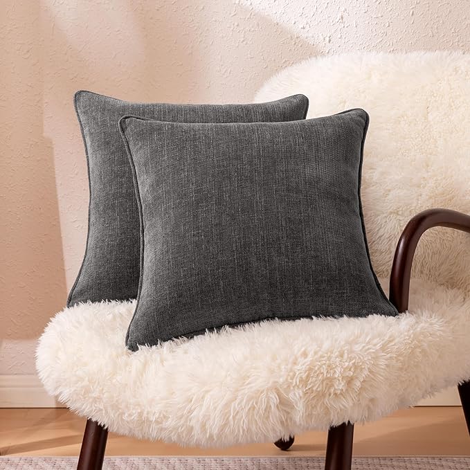 Amazon Basics Faux Linen Throw Pillow Covers with Hidden Zipper Closure, 22 × 22in, Dark Gray, Pack of 2
