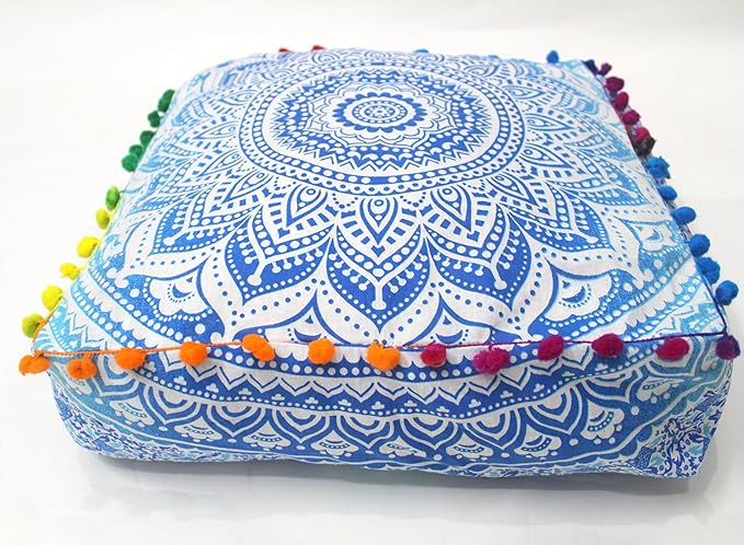 CRAFT KALA 16" Square Large Hippie Mandala Meditation Floor Ottoman Pillow Cushion Pouf Cover Square Poufs Bohemian Circle Floor Cushion Case Outdoor Fireplace Yoga Living Room Decor Cover Blue Ombre
