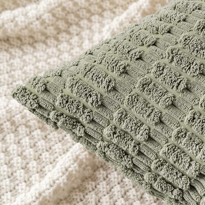 MIULEE Pack of 2 Corduroy Decorative Euro Sham Throw Pillow Covers 24x24 Inch Soft Boho Striped Pillow Covers Modern Farmhouse Home Decor for Summer Sofa Living Room Couch Bed Light Olive Green