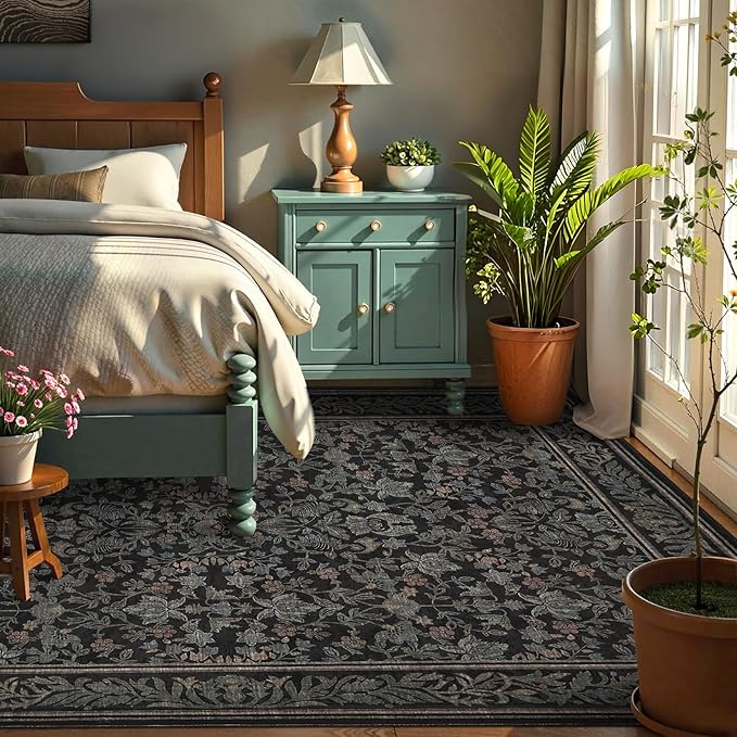 GarveeHome 5x7 Washable Area Rugs for Living Room, Boho Vintage Rug Non Slip Low Pile Stain Resistance Indoor Soft Large Throw Carpet for Bedroom Dining Room Office Black