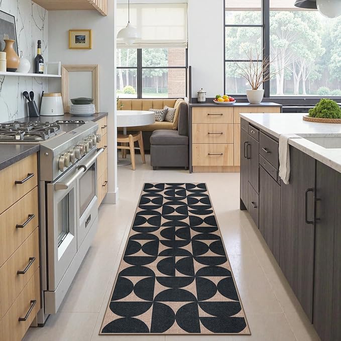 Lahome Modern Geometric Easy Jute Kitchen Runner Rug 2x6, Washable Outdoor Runners for Hallways Non-Slip, Neutral Boho Semi-Circle Entryway Rug with Rubber Backing