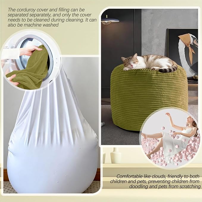 Sqodok Round Stuffed Pouf Ottoman for Foot Stools, 20"x 15" Corduroy Poufs Ottoman with Shredded Foam Filling, Washable Floor Poufs Foot Rest for Living Room Bedroom Home Decor and Office Chair