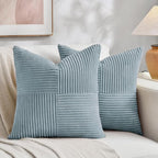 Fancy Homi Set of 2 Light Blue Decorative Throw Pillow Covers 22x22 Inch for Living Room Couch Bed Sofa, Farmhouse Boho Home Decor, Soft Cross Corduroy Patchwork Accent Square Cushion Case 55x55 cm