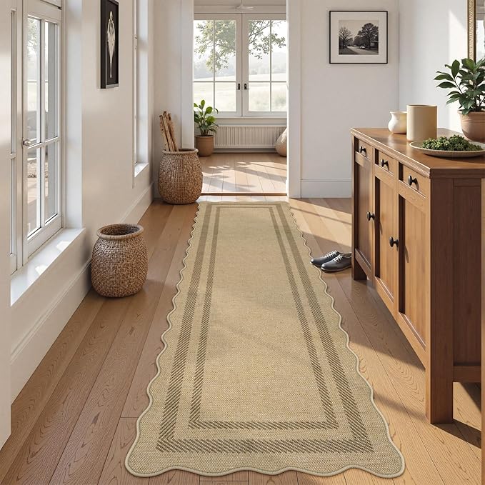 LIVEBOX Scalloped Washable 2x8 Kitchen Runner Rug, Easy Jute Geometric Tan Rugs for Hallway Runner Entryway, Indoor Outdoor Non Slip Rug Farmhouse Modern Carpet Door Mat for Porch Laundry Room