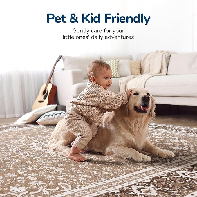 Lessymo 9 x 12 Area Rugs for Living Room, Machine Washable Area Rugs Boho Faux Wool Low Pile Area Rug for Bedroom, Floral Medallion Vintage Rugs with Non-Slip Rubber, Kid & Pet Friendly, Brown White