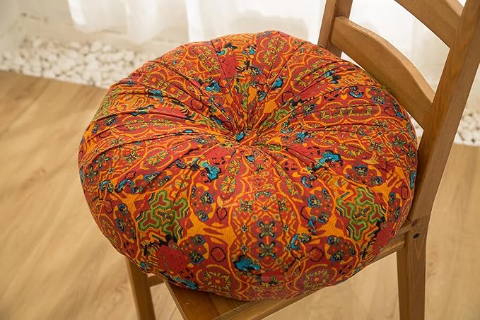 Cotton Linen Morocco Floor Cushions, Meditation Pillow, Futon Tatami Mats, Large Round Cushions for Outdoor Fireplace Yoga Living Room Reading Nook (OrangeB,22''x22'')