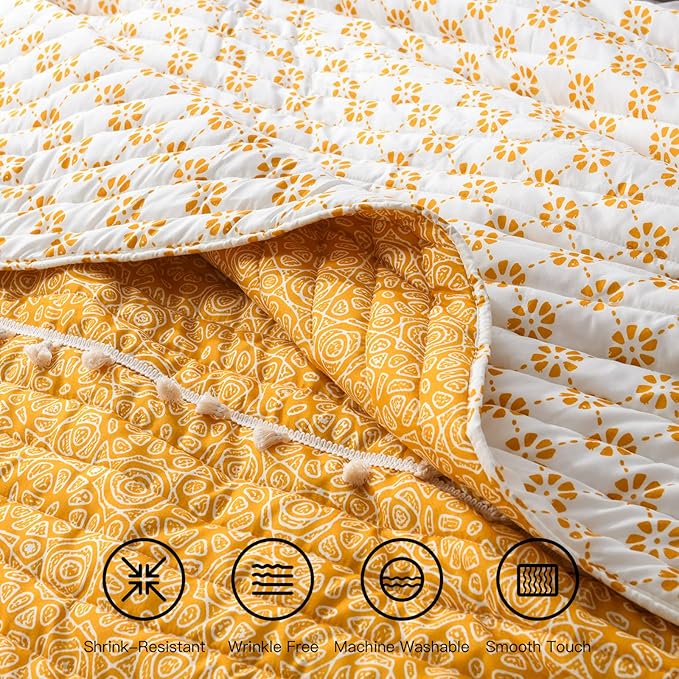 HORIMOTE HOME Boho Style Yellow Twin Quilt Set with Tassle, Soft and Lightweight Bedspread for All Season, Twin Size Bed Coverlet with 1 Matching Pillow Sham (2 Pieces)