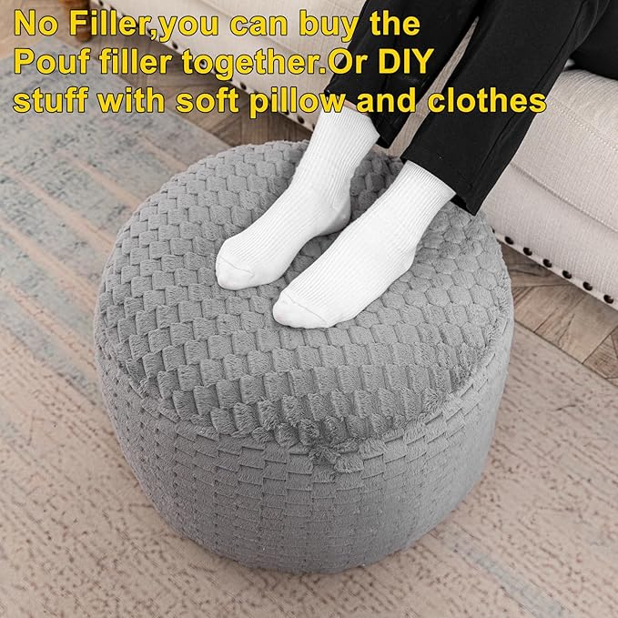 Fur Ottoman Stool Unstuffed Footstool Cover Pouf Foot Rest 20x20x12 Inches Round Poof Seat Floor Bean Bag Chair Foldable Storage for Living Room Bedroom Solid Grey
