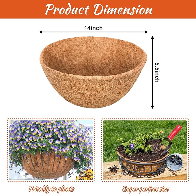 Riare 2 Pack 14 Inch Round Coco Liners Replacement, 100% Natural Coconut Coir Liners for Hanging Baskets, Garden Flower Vegetables Planter Pot, Window Box, Fence, Decks