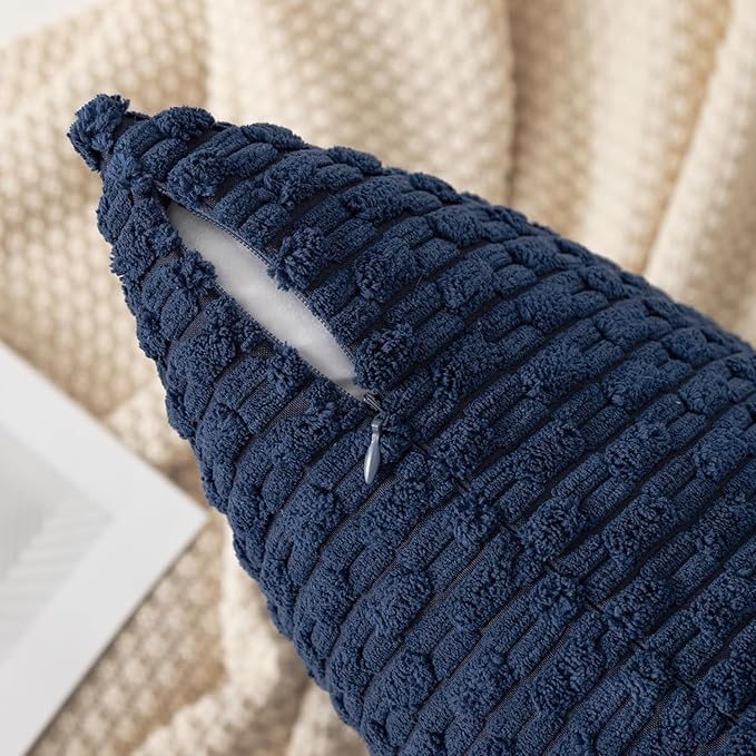Kevin Textile 16x24 Inch Pillow Cover 1 Pack Boho Decorative Soft Striped Corduroy Lumbar Farmhouse Color Accent Rectangle Cushion Case for Living Room Couch Sofa Bed, Navy Blue