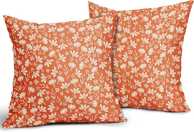 Orange Floral Pillow Covers 22x22 Set of 2 Vintage Rustic Old Style Cute Small Flower Print Decorative Outdoor Pillowcases Farmhouse Throw Cushion Case Decor for Couch Sofa Bed