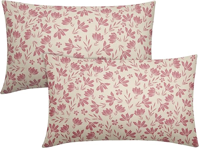 Light Pink Floral Pillow Covers 12x20 Set of 2 Vintage Rustic Old Style Cute Small Flower Pink Cream Print Decorative Outdoor Pillowcases Farmhouse Throw Cushion Case Decor for Couch Sofa Bed