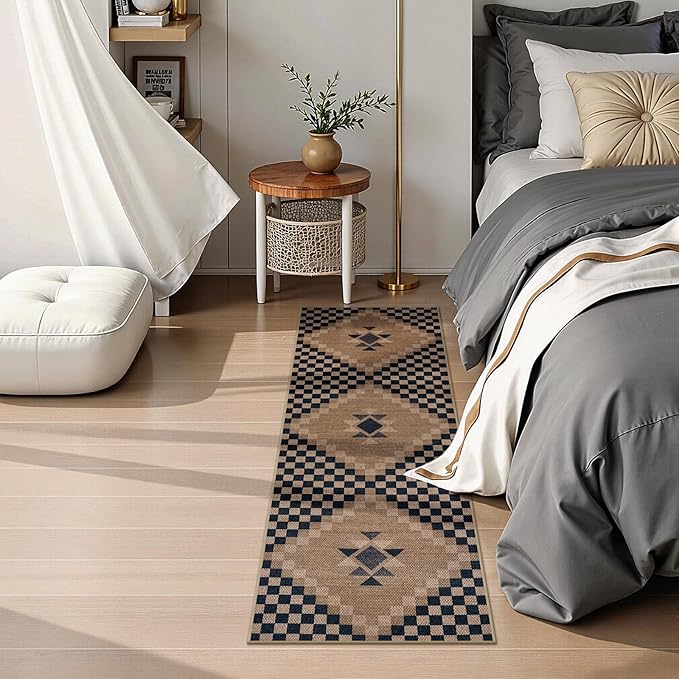LIVEBOX Easy Jute Checkered Rug Runners for Hallways Non Slip, 2x5 Washable Rug for Kitchen Ultra Thin No Shed Jute Rugs Entryway Runner, Black and Beige Farmhouse Throw Carpet for Bathroom Laundry