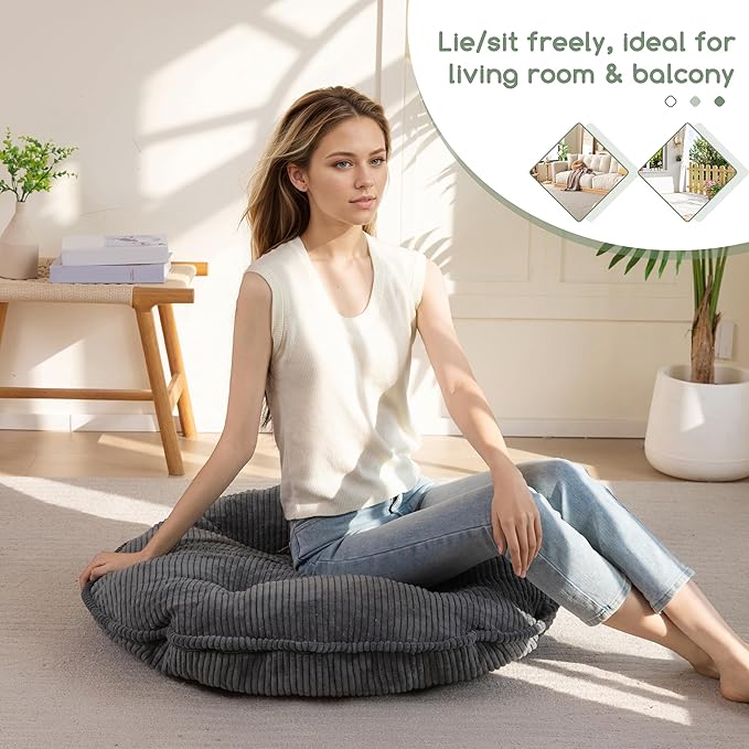 35" Washable Floor Pillow Cushion for Adults, Meditation Cushion Pillow, Extra Large Round Floor Sitting, Removable Tufted Corduroy Cover, for Tatami Living Room or Yoga, Dark Grey, Machine Washable