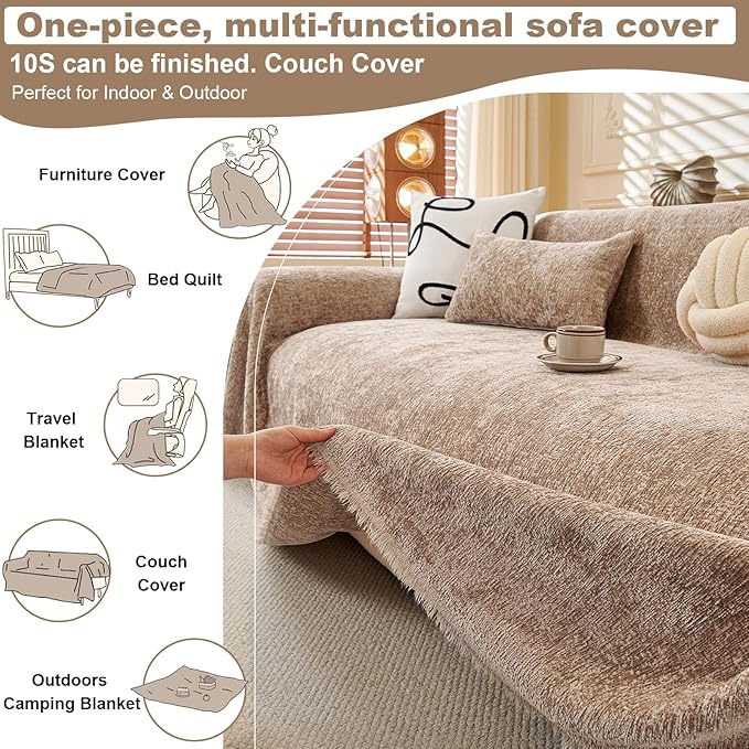 ROOMLIFE Boho Khaki Couch Cover for Dogs, Washable Non Slip Furniture Protector Couch Sofa Covers for 3 Cushion Couch, Soft Chenille Sofa Slipcovers Couch Cover Throw Blanket with Tassels 71''X118''