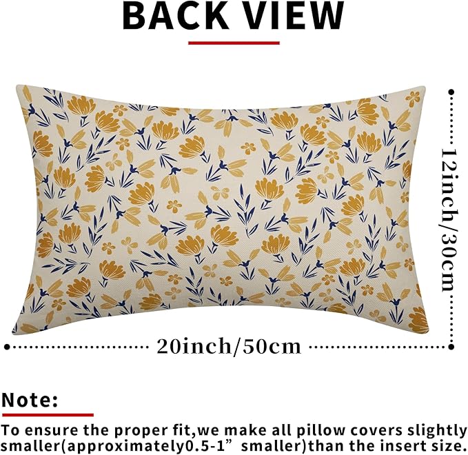 Navy Blue Yellow Floral Pillow Covers 12x20 Set of 2 Vintage Rustic Old Style Cute Small Flower Print Rectangle Decorative Outdoor Pillowcases Farmhouse Throw Cushion Case Decor for Couch Sofa Bed