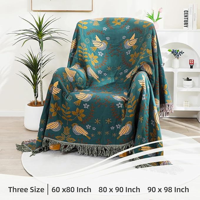 Boho Throw Blanket, 100% Organic Cotton Breathable Ultra Soft 91" x 108" King Bed Quilt Throw - Floral Rustic Bird Farmhouse Decor Luxury Blanket for Sofa Couch Chair and Gift,Teal/Beige