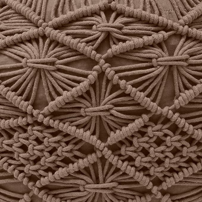 Ornavo Home Pouf Ottoman Foot Rest - 100% Cotton Pouffe - Hand Knitted Macrame Braid - Boho Round Stuffed Ottoman for Living Room, Bedroom - Taupe/Brown