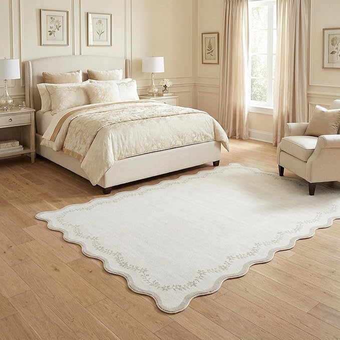 GarveeHome 5x7 Scalloped Area Rug Beige Neutral Washable Rugs for Living Room Bedroom, Soft Low Pile Non Slip Accent Floor Mat Solid Floral Print Throw Rug Farmhouse Indoor Carpet for Dorm Playroom