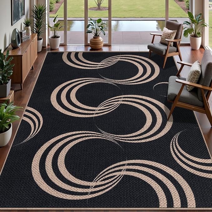 Tangsoo Easy Jute Rug 6x9 Washable Area Rugs for Living Room,Non Slip Indoor Outdoor Carpet,Farmhouse Modern Black Large Throw Mat for Office Balcony Backyard Dining Room Sunroom