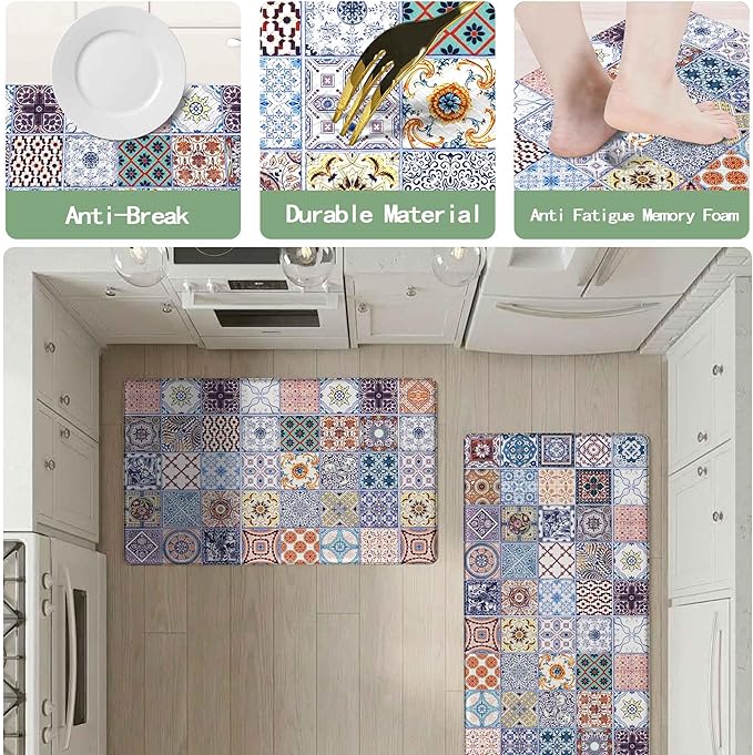Boho Kitchen Rug Mats for Floor Cushioned Anti Fatigue Colorful Ceramic Tile Kitchen Rugs Sets of 2 Talavera Non Slip Waterproof Comfort Memory Foam Standing Floor Mat for Laundry Sink Desk