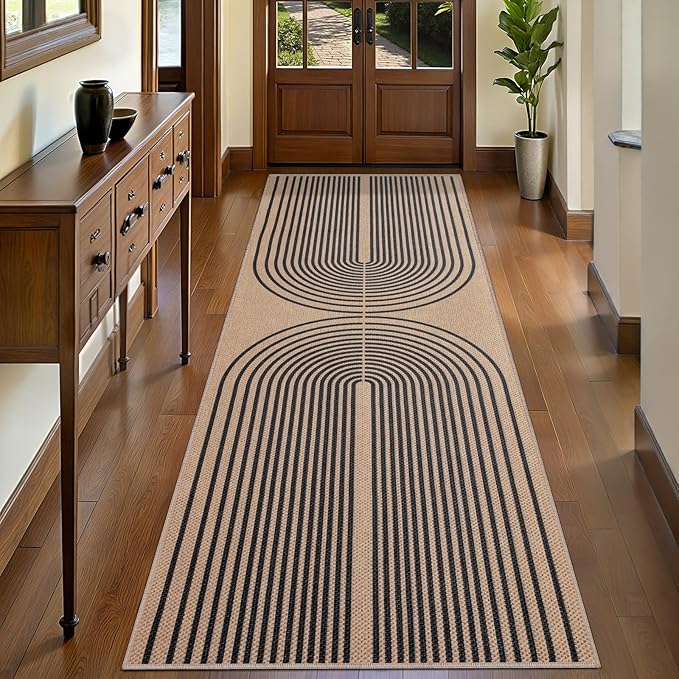 Tangsoo Rainbow Easy Jute Rug 2.6x8 Washable Runner Rug for Hallways,Non-Slip Thin Black Outdoor Rug,Modern Farmhouse Carpet for Porch Laundry Bedroom Living Room Entryway