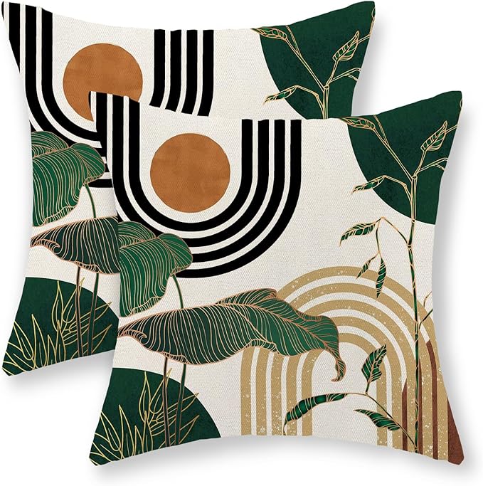 Boho Green Pillow Covers 18x18 Set of 2 Green Gold Leaf Tropical Mid Century Throw Pillows Outdoor Bohemian Modern Decorative Pillowcase Farmhouse Linen Cushion Case for Couch Sofa Decor
