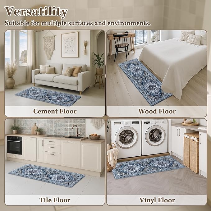 Arttown Kitchen Mats for Floor 2Pcs-Anti Fatigue Non Slip Mats for Kitchen Floor, Cushioned Waterproof & Stain-Resistant Boho Mat Set, Laundry Room, Office, Sink, Desk (Blue)
