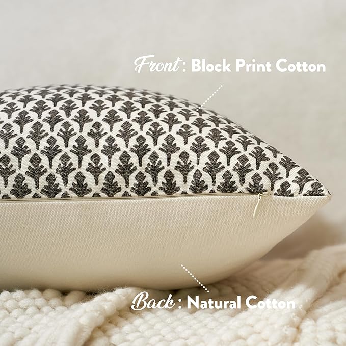 Floral Pillow Covers 24x24 Pillow Cover Block Print Couch Pillows for Living Room Decorative Neutral Accent Throw Pillow Covers, 1PC, Charcoal Black