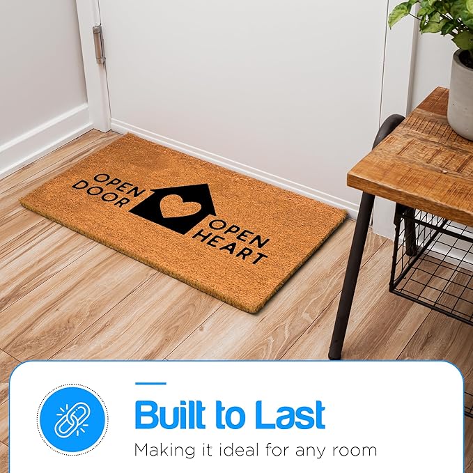 PLUS Haven Coconut Coir Home Entrance Door Mat – 17.5" x 30" | Open Door Open Heart Heavy-Duty Doormat for Indoor & Outdoor Use | Durable & Eco-Friendly