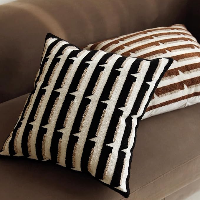 20"x20" Black Cream Stripe Tufted Pillow Covers Luxury Geometric Accent Pillows Soft Woven Decorative Pillow Cases for Couch, Sofa, Bedroom Décor (Black, 20"×20")