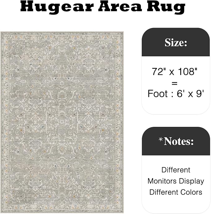 HUGEAR Area Rug 6x9 Retro Grey Machine Washable Living Room Rugs Distressed Vintage Floral Vacuumable Low Pile Carpet Bedroom Office Dining Room Laundry Room Non Slip Soft Lightweight