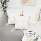 PLWORLD Boho White Throw Pillow Cover 18x18 Inch with Tassels, Moroccan Tufted Decorative Cream Chenille Fabric Accent Textured Cushion Case for Bed Couch, 1 PC
