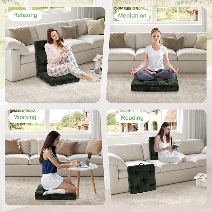 Floor Pillow Set of 2, 24x24 Tufted Floor Cushion for Adults, Square Large Meditation Cushion Pillow, Green Corduroy Sitting Pillow with Handle, Yoga Seating for Tatami