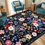 Area Rug Living Room Rugs: Floral 5x7 Washable Rug Vintage Soft Boho Non-Slip Carpet Indoor Floor Stain Resistant Large Carpets for Bedroom Dining Room Farmhouse Nursery Hallway Home Office Black