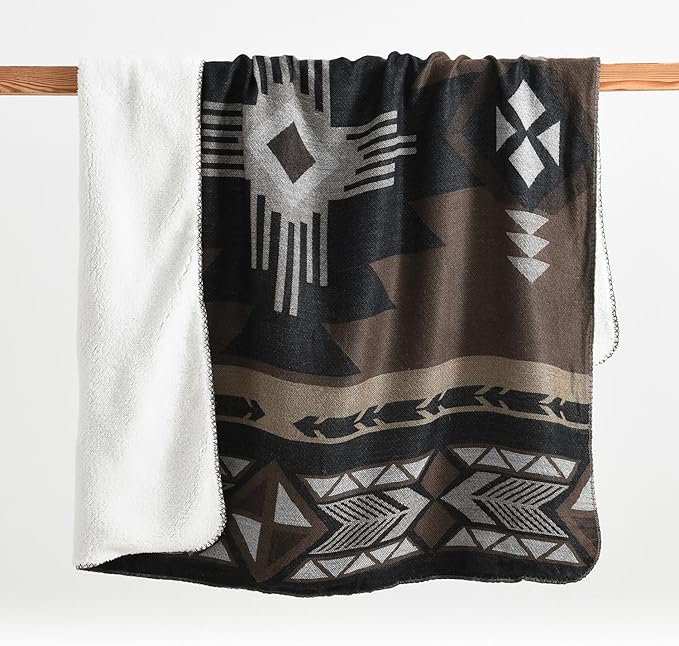 Aztec Patterned Throw Blanket with Soft Sherpa Lining, Traditional Southwestern Navajo with Cross Pattern Warm Throw for Camping, Outdoor, Light Weight Cozy Boho Blanket for Couch, Bed, 60”x80”, Brown
