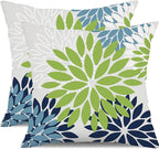 DFXSZ Green Blue Flower Pillow Covers 16x16 Inch Set of 2 White Gray Colored Throw Pillows Outdoor Waterproof Decor for Living Room Sofa Patio Funiture Garden Floral Polyester Pillow Covers 002K16
